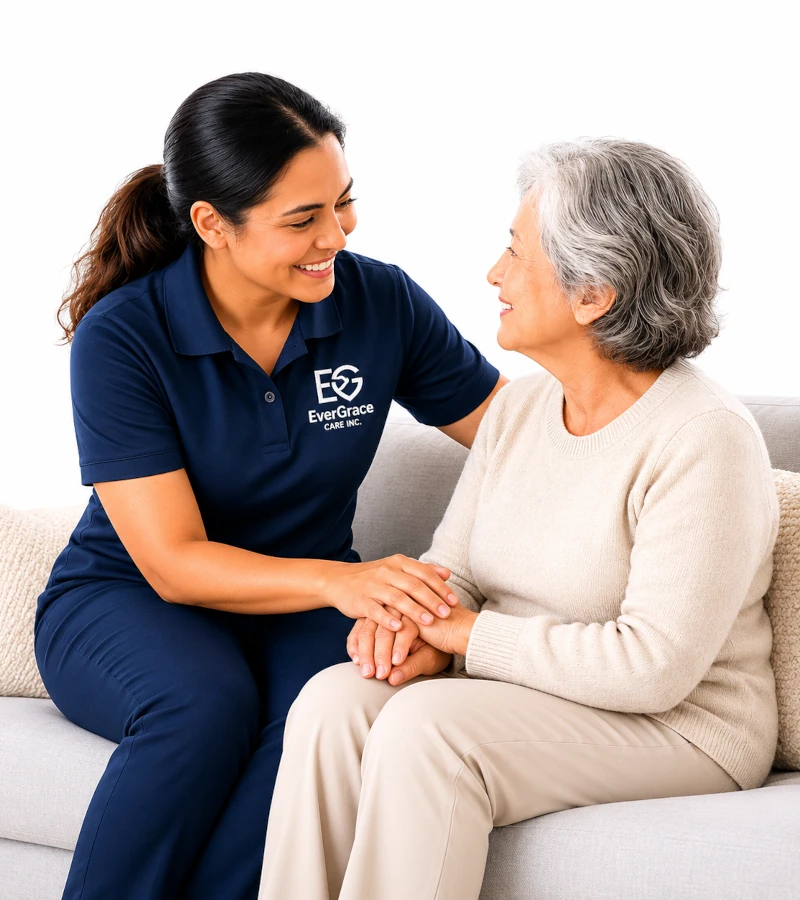 EverGrace Care worker with senior on sofa EverGrace Care worker with senior on sofa