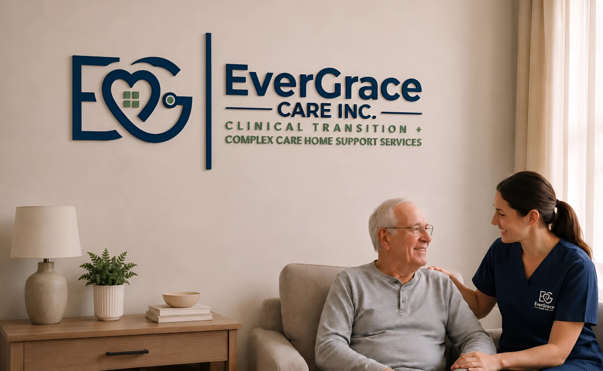 EverGrace_Care_Careers EverGrace Care worker with elderly man on divan, EverGrace logo on wall