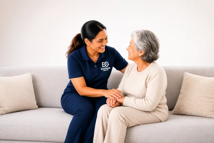 EverGrace Care worker with senior on sofa